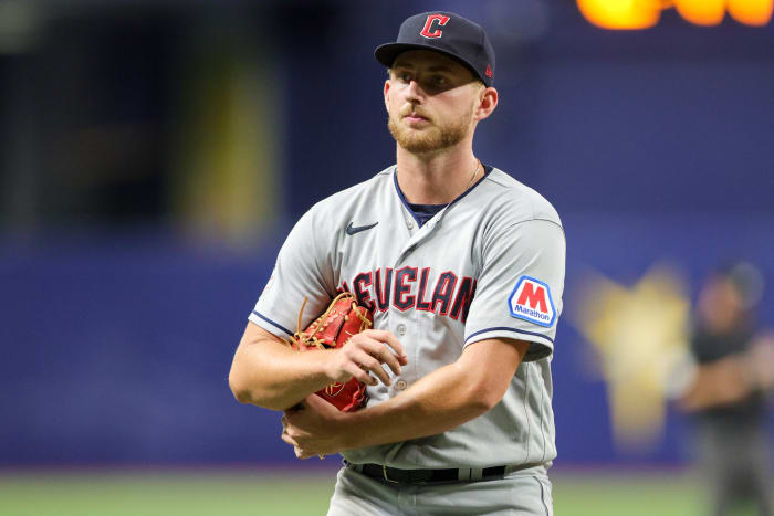 Aug 13, 2023; St. Petersburg, Florida, USA; Cleveland Guardians starting pitcher Tanner Bibee (61) walks off the field against the Tampa Bay Rays in the seventh inning at Tropicana Field. Mandatory Credit: Nathan Ray Seebeck-USA TODAY Sports